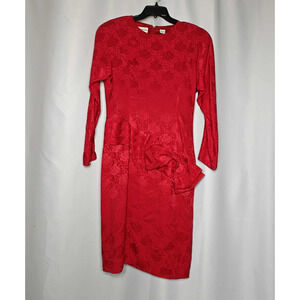 Vintage Nipon Boutique Size 10 Red Roses Bow 100% Silk Sheath Dress Long Sleeve